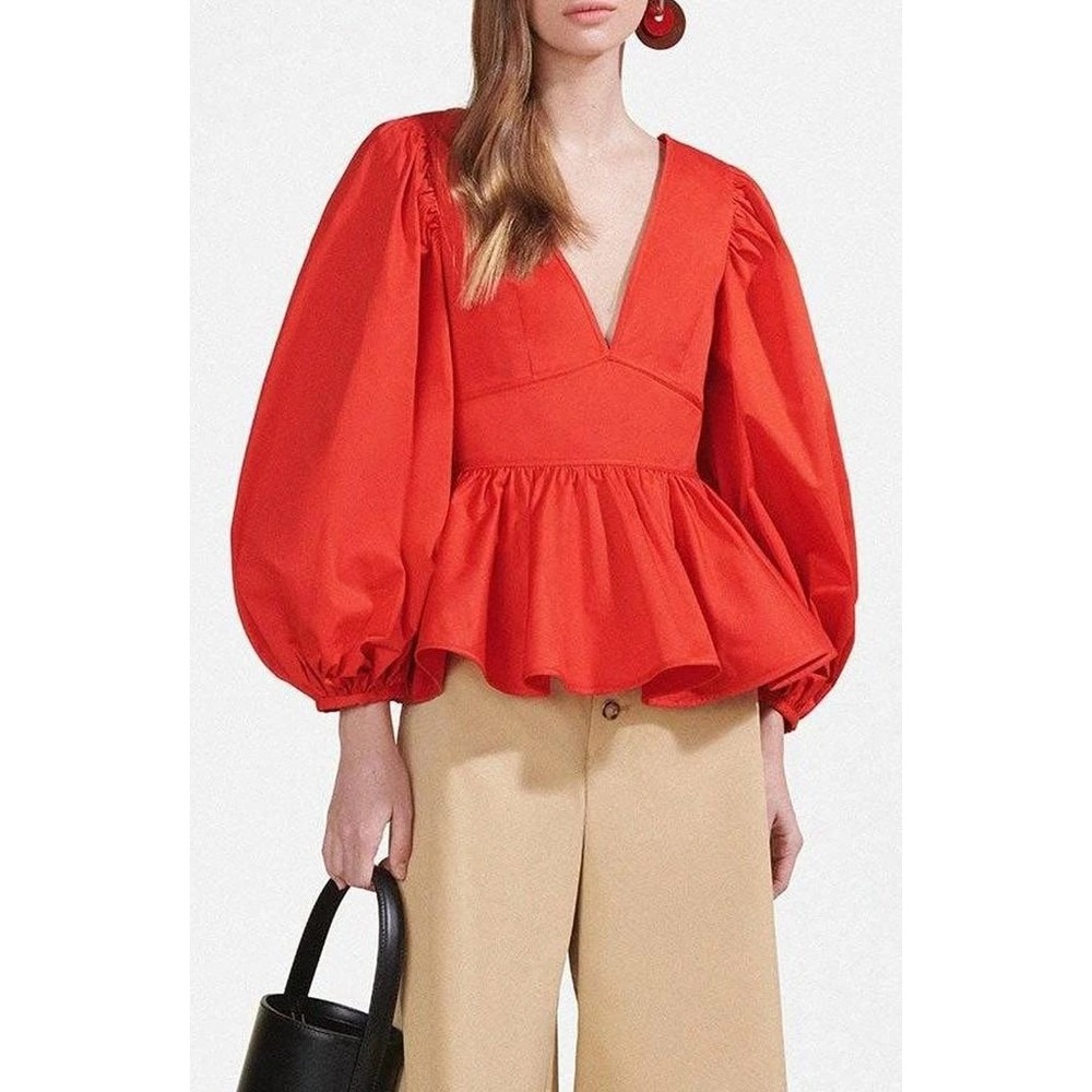 NWT $225 STAUD Luna Red Deep V-Neck Balloon Sleeve Peplum Top Size 0